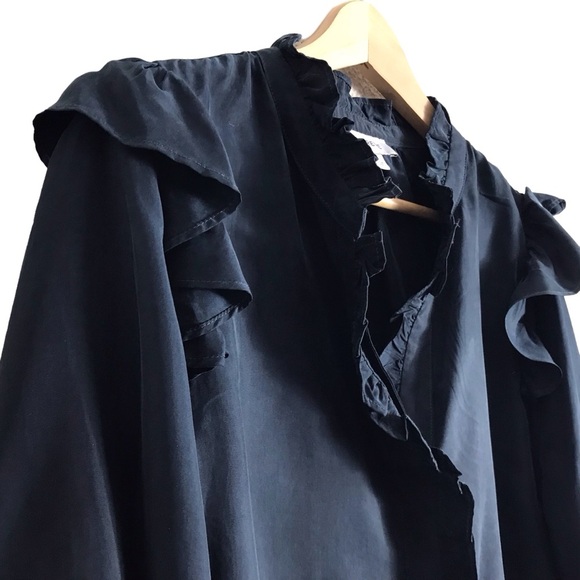 Evereve Medium Navy Thea Washed Satin Ruffle Button Down Shirt Capsule - Picture 4 of 8